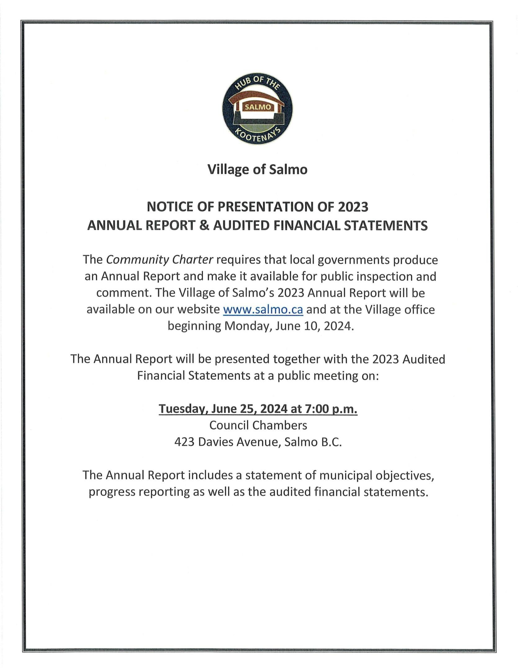 Notice of 2023 Annual Report & Audited Financial Statements - Village ...