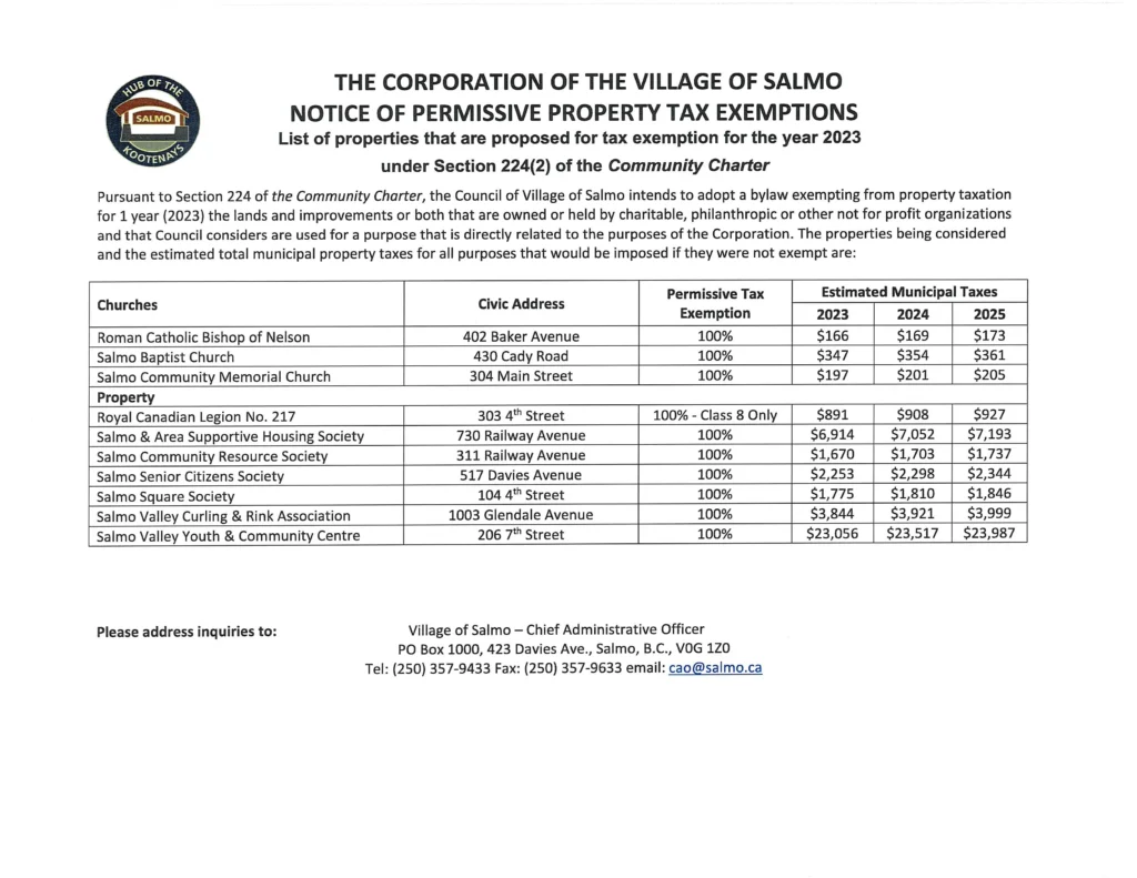 Village of Salmo permissive tax exemptions