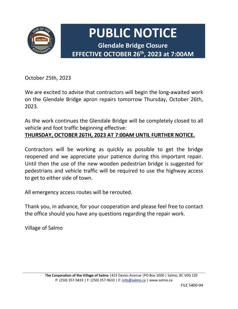 PUBLIC NOTICE Glendale Bridge Closure EFFECTIVE Thursday