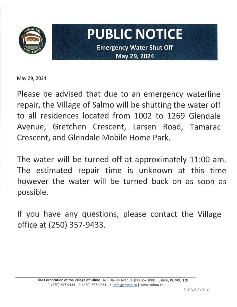 Notice of Emergency Water Shut Off - Village of Salmo