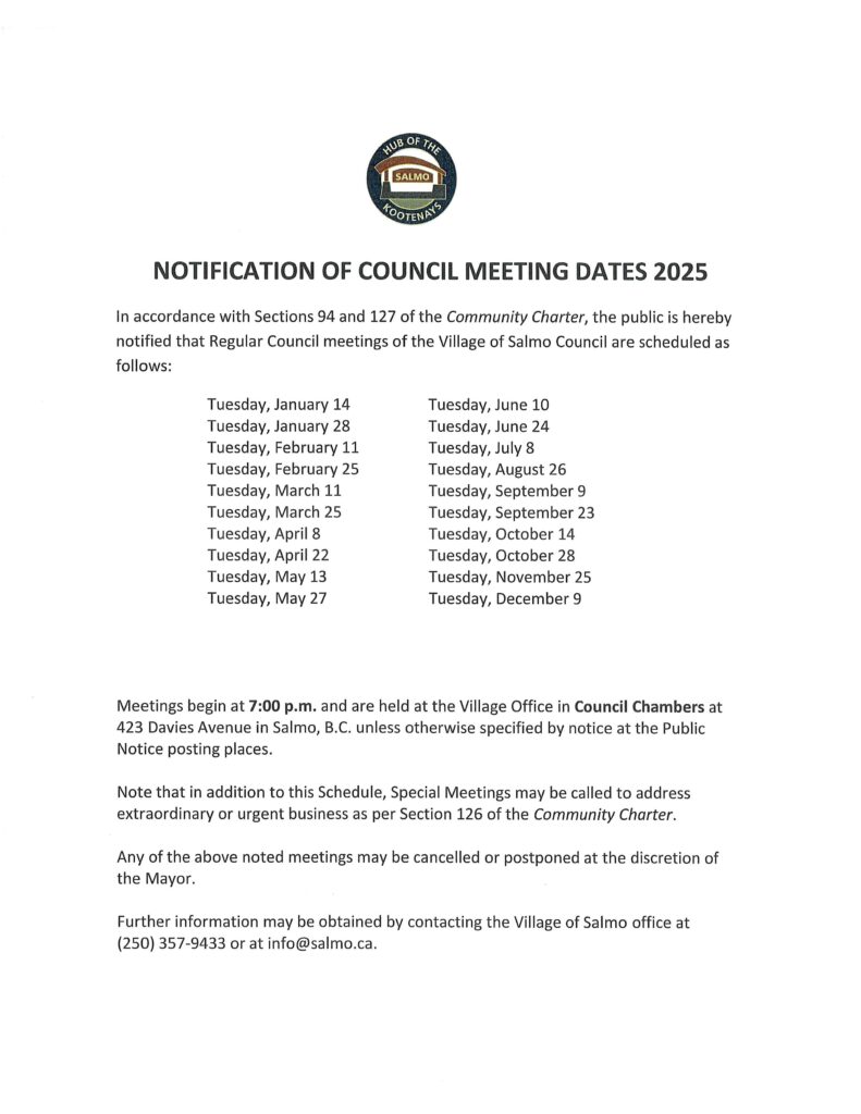 2025 Regular Council Meeting Schedule - Village of Salmo