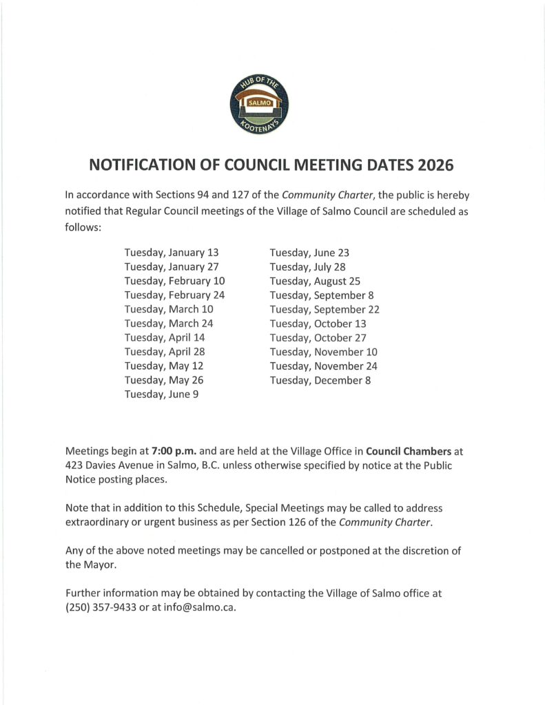2026 Council Meeting Schedule - Village of Salmo