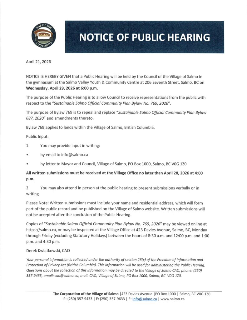 Notice of Public Hearing April 29, 2026: Sustainable Salmo Official ...
